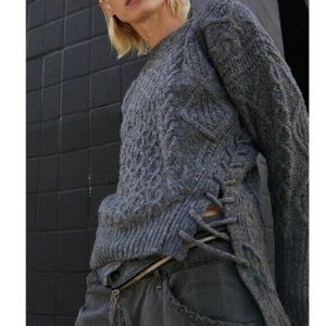 NSF Skyla Side Tie Crew Neck Cable Knit Navy Wool Sweater Top Size P